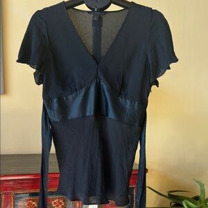 Express Design Studios • Black • V-Neck • Short Sleeve Blouse • Silk